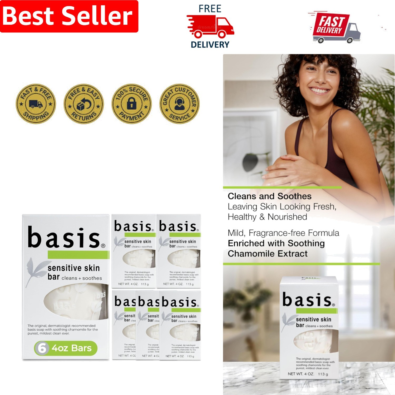 Moisturizing Unscented Soap for Sensitive Skin – 4 oz Bars – 6 Count Bulk Pack