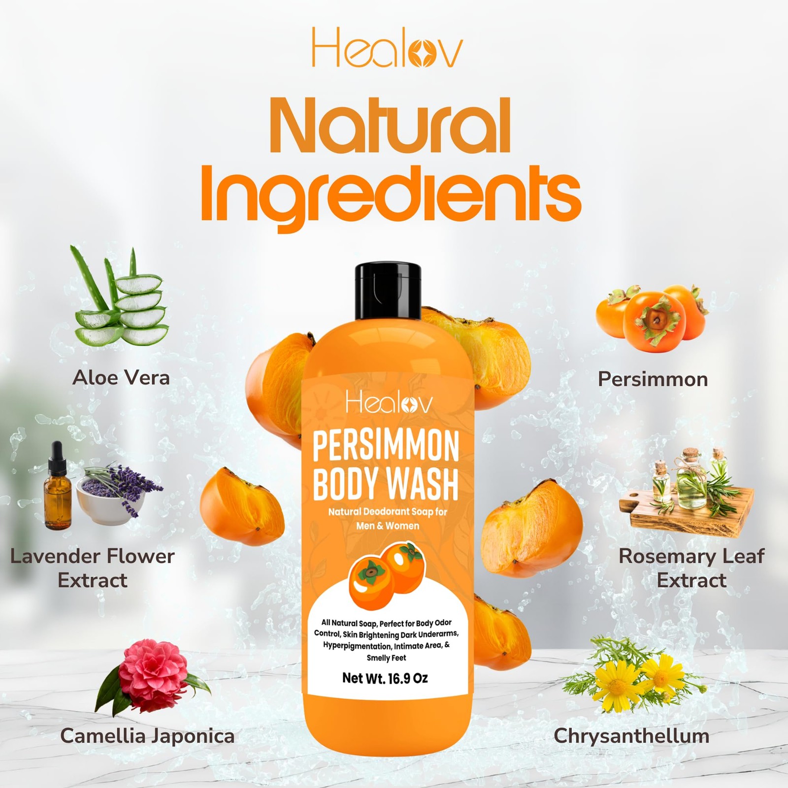 Healov Persimmon Body Wash for Odor Control – 16.9 Ounce (Pack of 1)