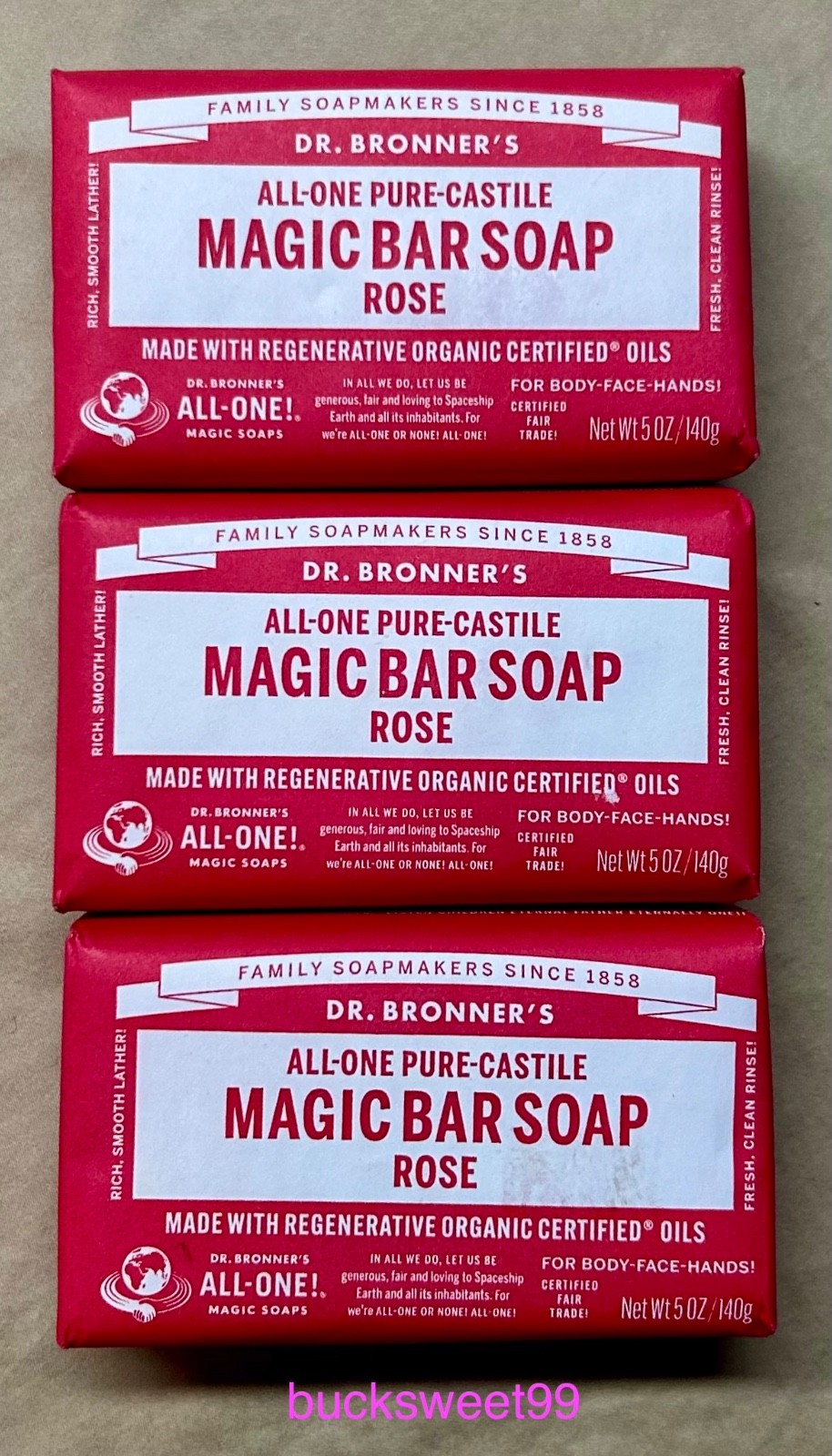 Dr. Bronner’s All-One Pure-Castile Magic Bar Soap ROSE – 5 oz each – 3 BARS