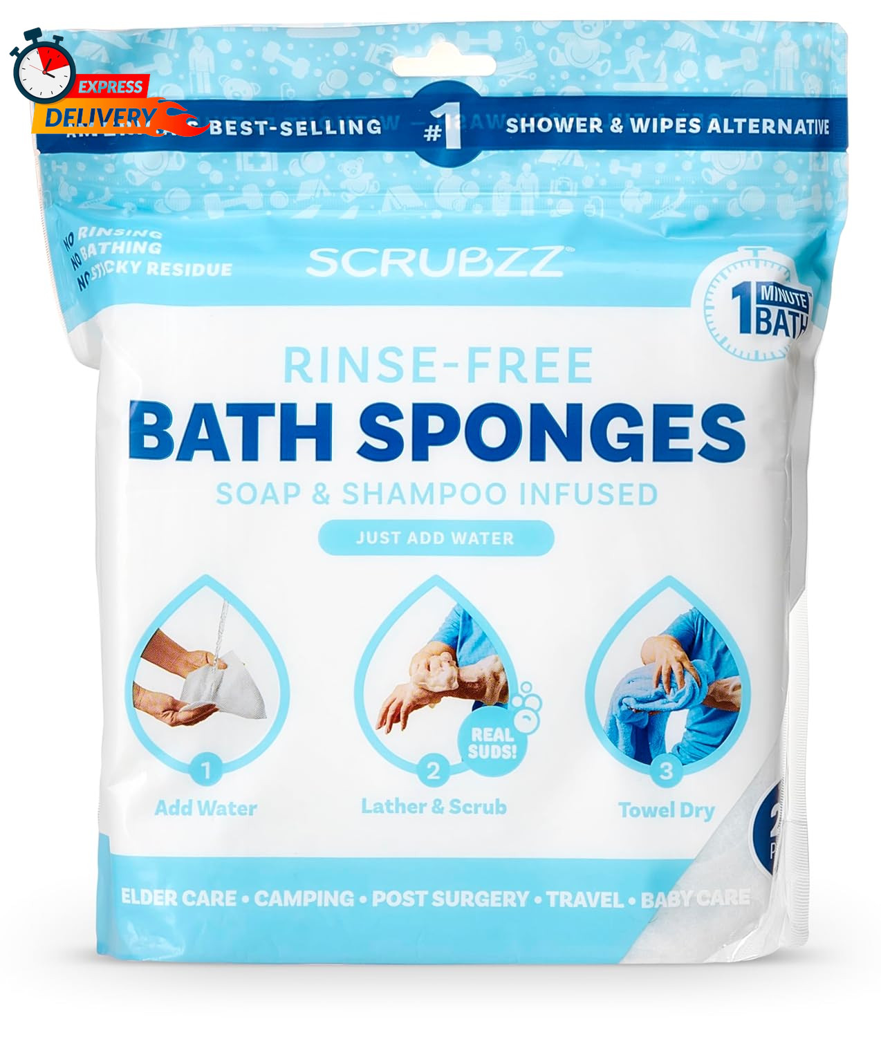 Scrubzz Disposable Rinse Free Bathing Wipes – 25 Pack – All-In-1 Single Use Show