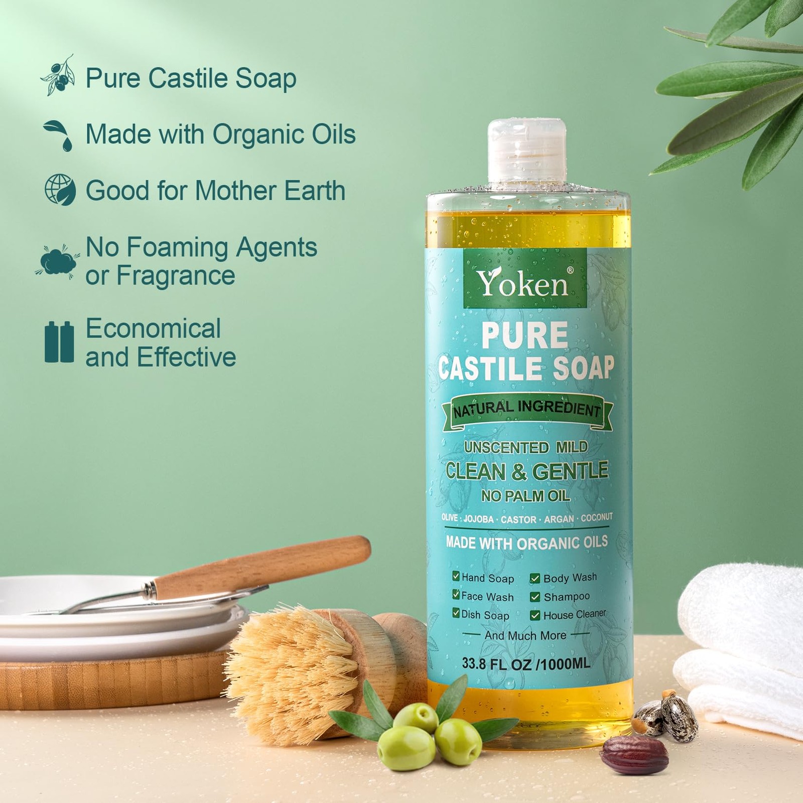 EWG Verified Castile Soap Liquid Unscented 33.8 fl oz Pure Castile Liquid Cle…