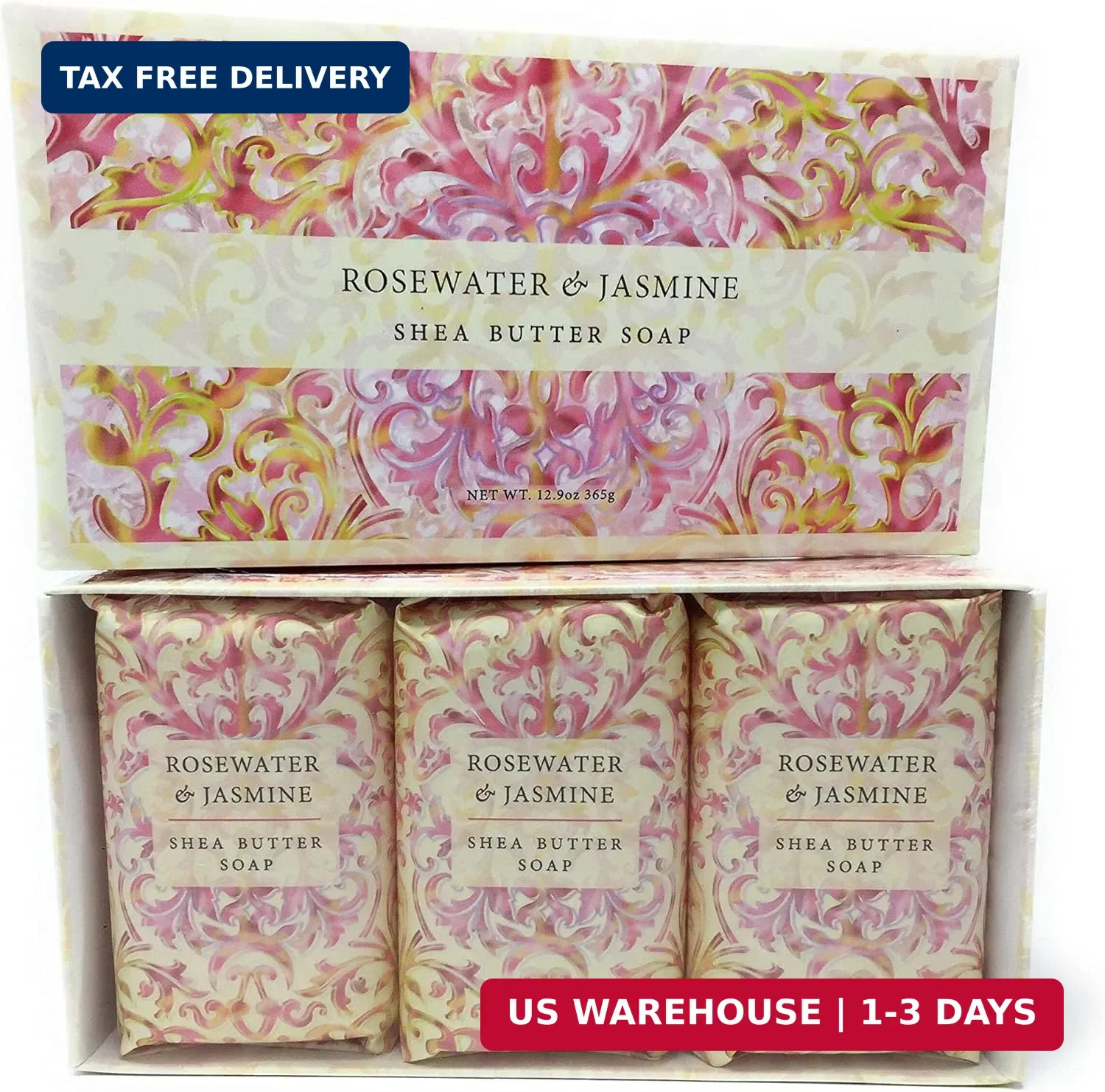 Greenwich Bay Trading Co. Shea Butter Soap, 12.9 Ounce, Rosewater & Jasmine, 3 P