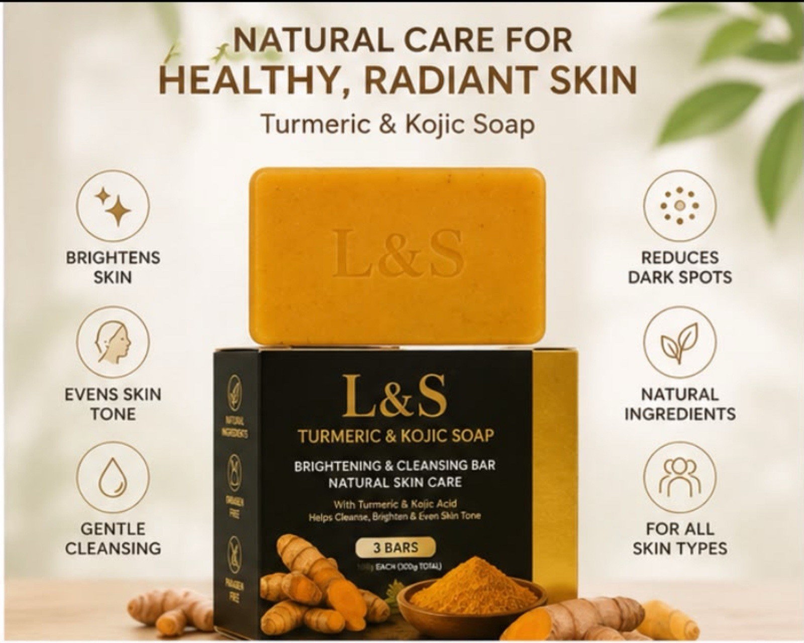 L&S Turmeric & Kojic Soap 3 Pack – Natural Skin Care Cleansing Bars – 100g Each