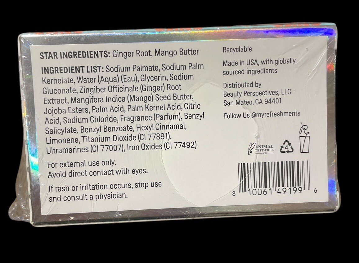 Refreshments Vegan Brilliant Body Bar Ginger Splash 5 oz 142g Blue NEW