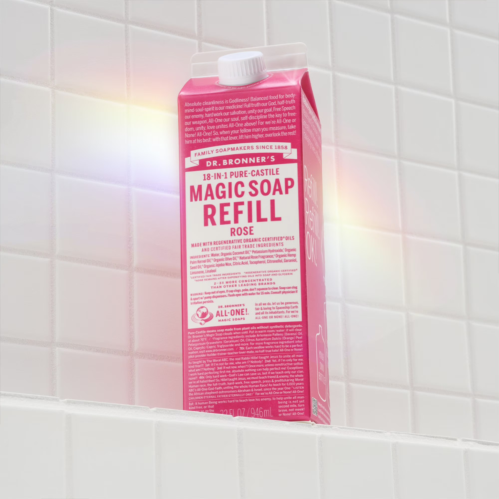 2PK Dr. Bronner’s Magic Soap Refill, Rose, Pure-Castile Liquid Soap Carton, 32oz