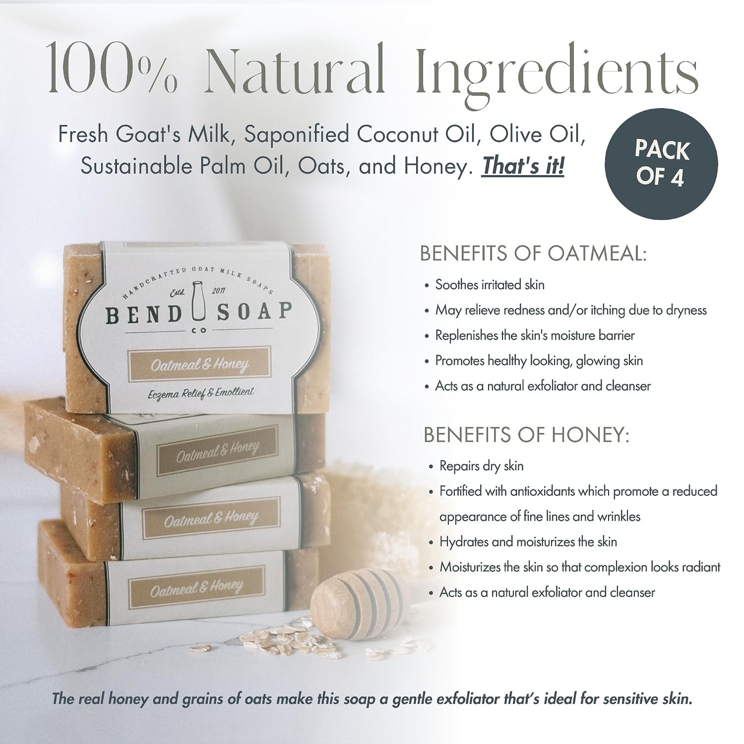 All Natural Handmade Goat Milk Soap for Dry Skin Relief, Oatmeal & Honey, 4.5…