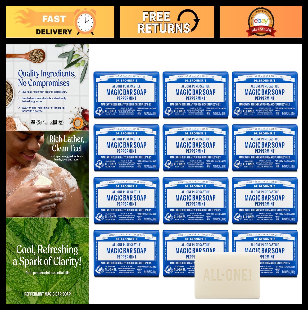 Pure-Castile Magic Bar Soap – Peppermint, 5oz, 12-Pack | Vegan, Cruelty-Free, Or