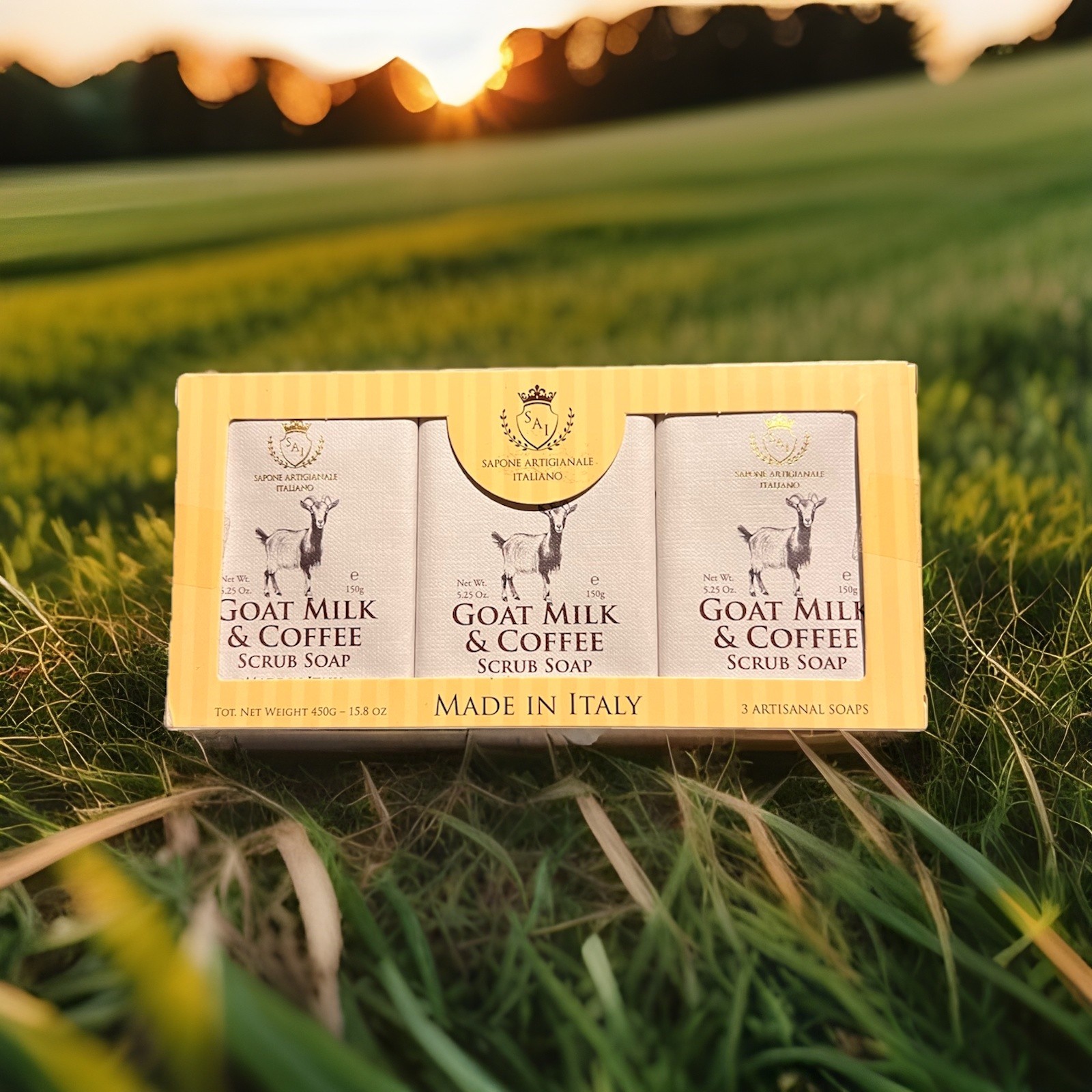 Sapone Artisanal Italiano Goat Milk & Coffee Scrub Soap 3 Bar Set Made In Italy