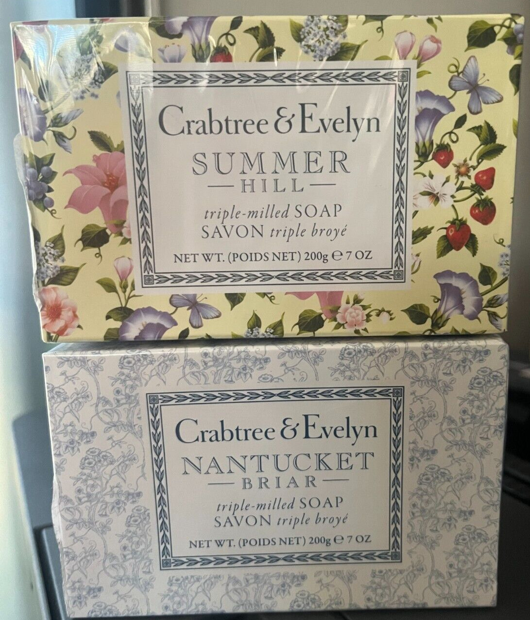 CRABTREE&EVELYN TRIPLE MILLED SOAP SET NANTUCKET BRIAR & SUMMER HILL 7OZ EACH