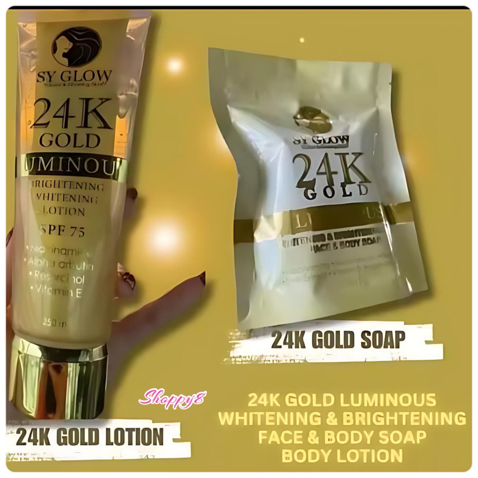 SY GLOW 24K Gold Luminous Whitening & Brightening Soap + Lotion SPF75