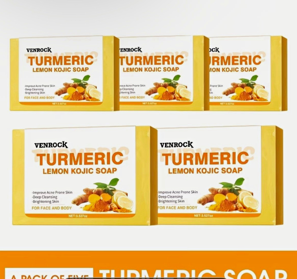 VENROCK Turmeric Lemon Kojic Soap Deep Cleansing Lemon Scent Face Body 5 Pack