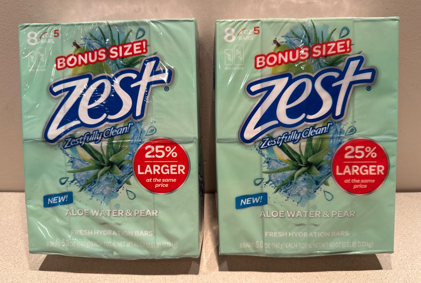 Zest Aloe Water & Pear Fresh Hydration Bar Soap 16 Bars Bonus Size (5 oz. Each)