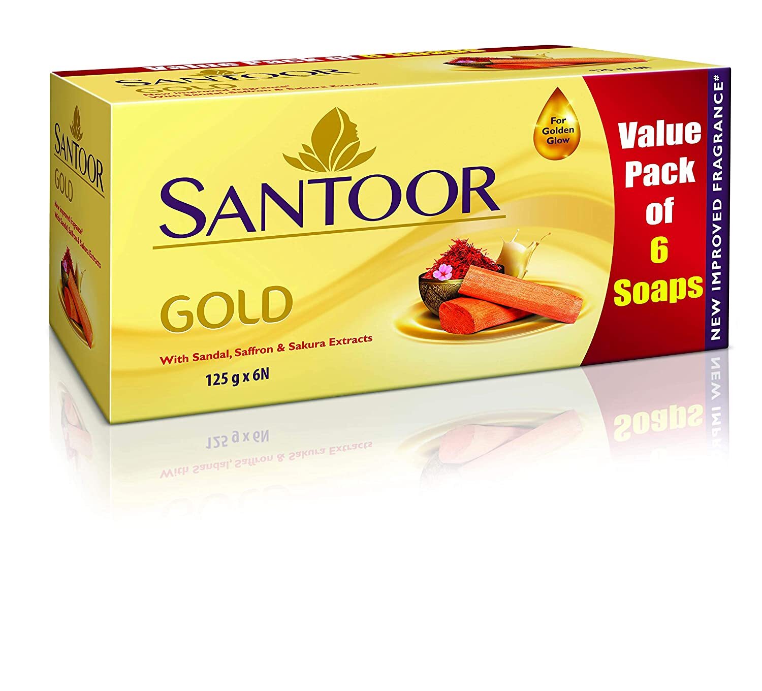 Santoor Gold Bath Soap with Saffron Sandal & Sakura Extracts 125g Pack of 6