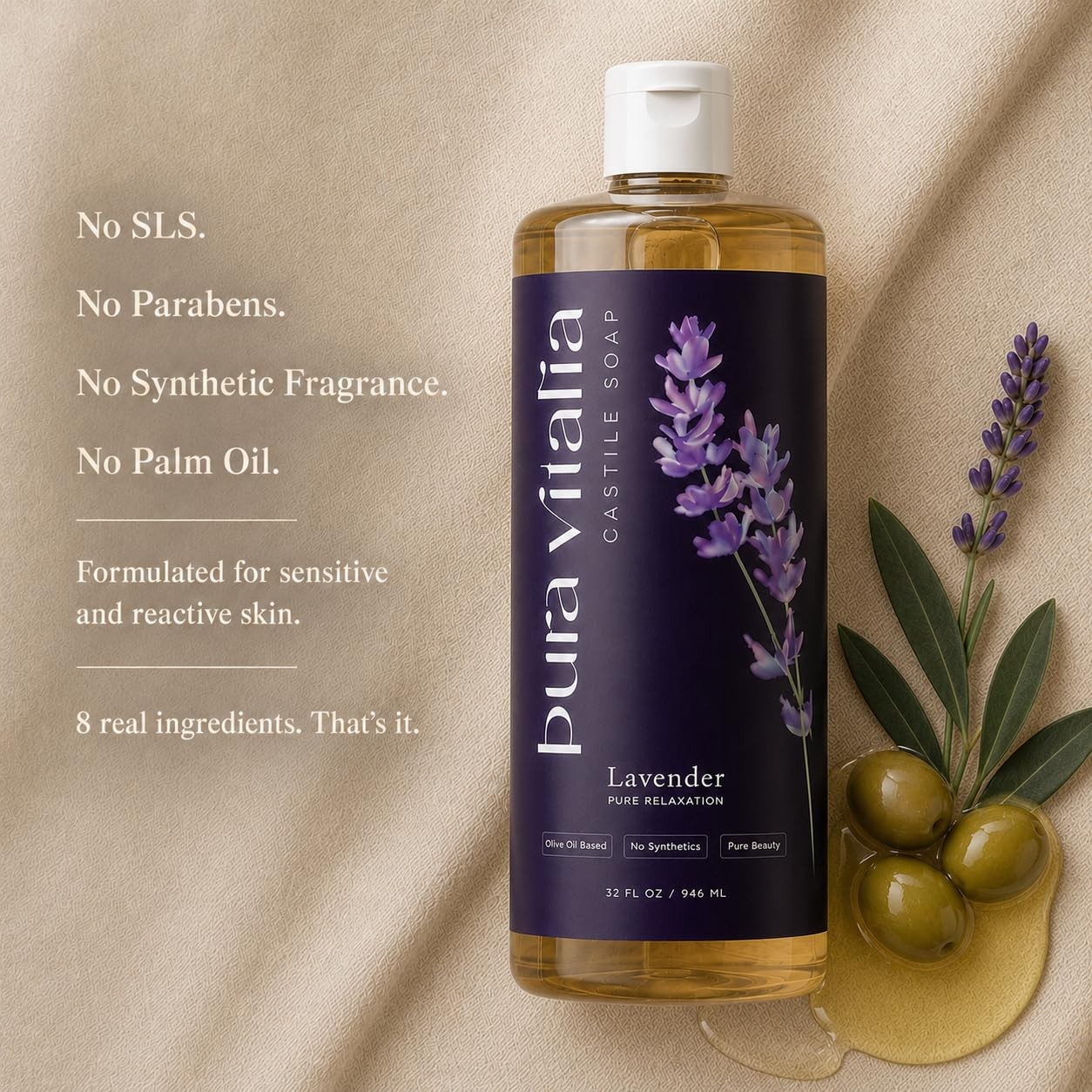 Pura Vitalia Lavender Organic Castile Soap Body Wash | 32 Fl Oz (Pack of 1)