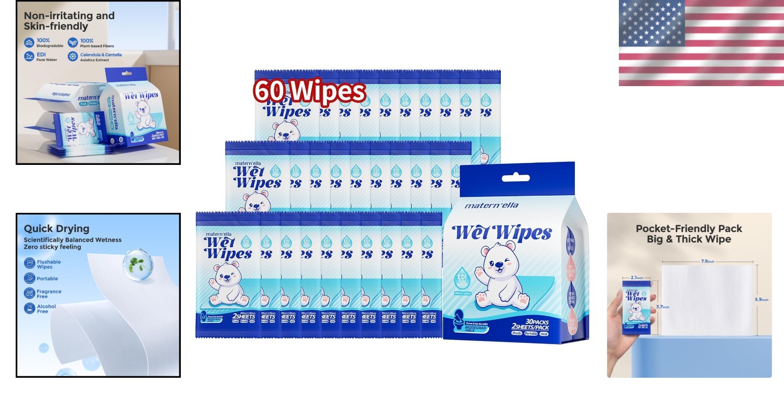 Travel Pocket Butt Wipes 60 Count Fragrance-Free, Extra Large, Flushable, Sen…