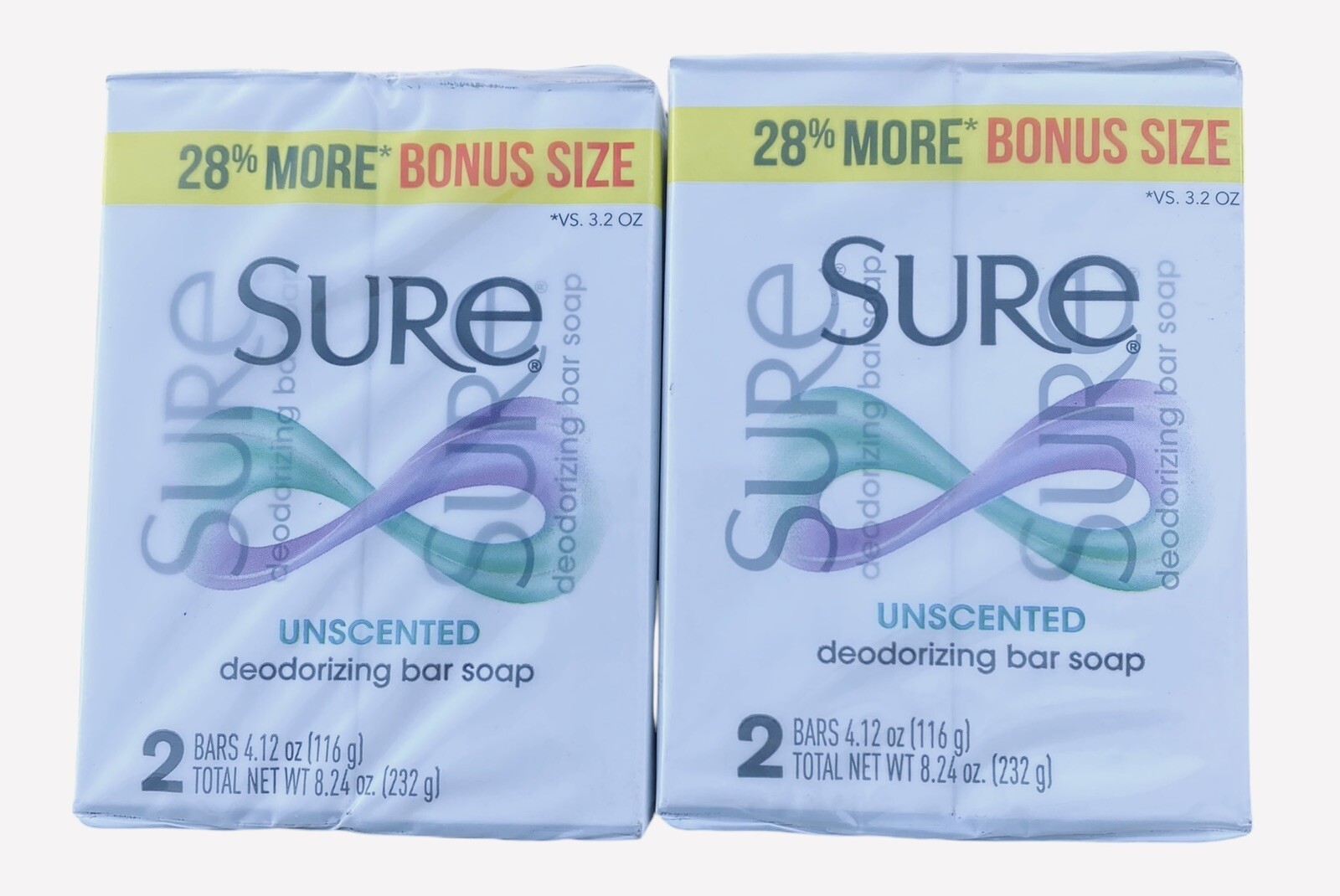Sure 2 Packs of 2 – 4.12 oz Bars 4 Bars Total UNSCENTED Deodorizing Soap HTF
