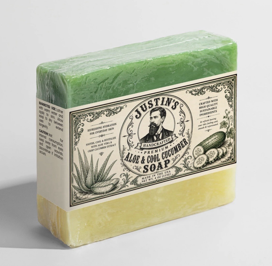 Justin’s Handcrafted Premium Body Bar Soap, Aloe & Cool Cucumber Scent, 4 oz
