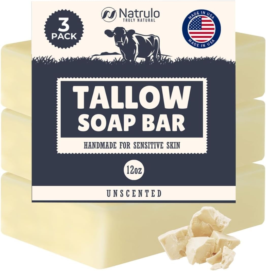 Beef Tallow Soap Bar, Unscented, Handmade, Dye-Free, Hypoallergenic
