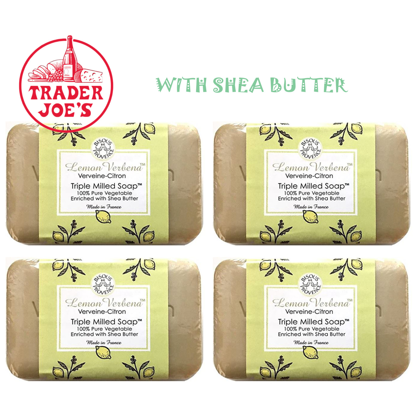 (4)Bars Trader Joes Verveine-Citron Lemon Verbena Triple Milled Soap Shea Butter