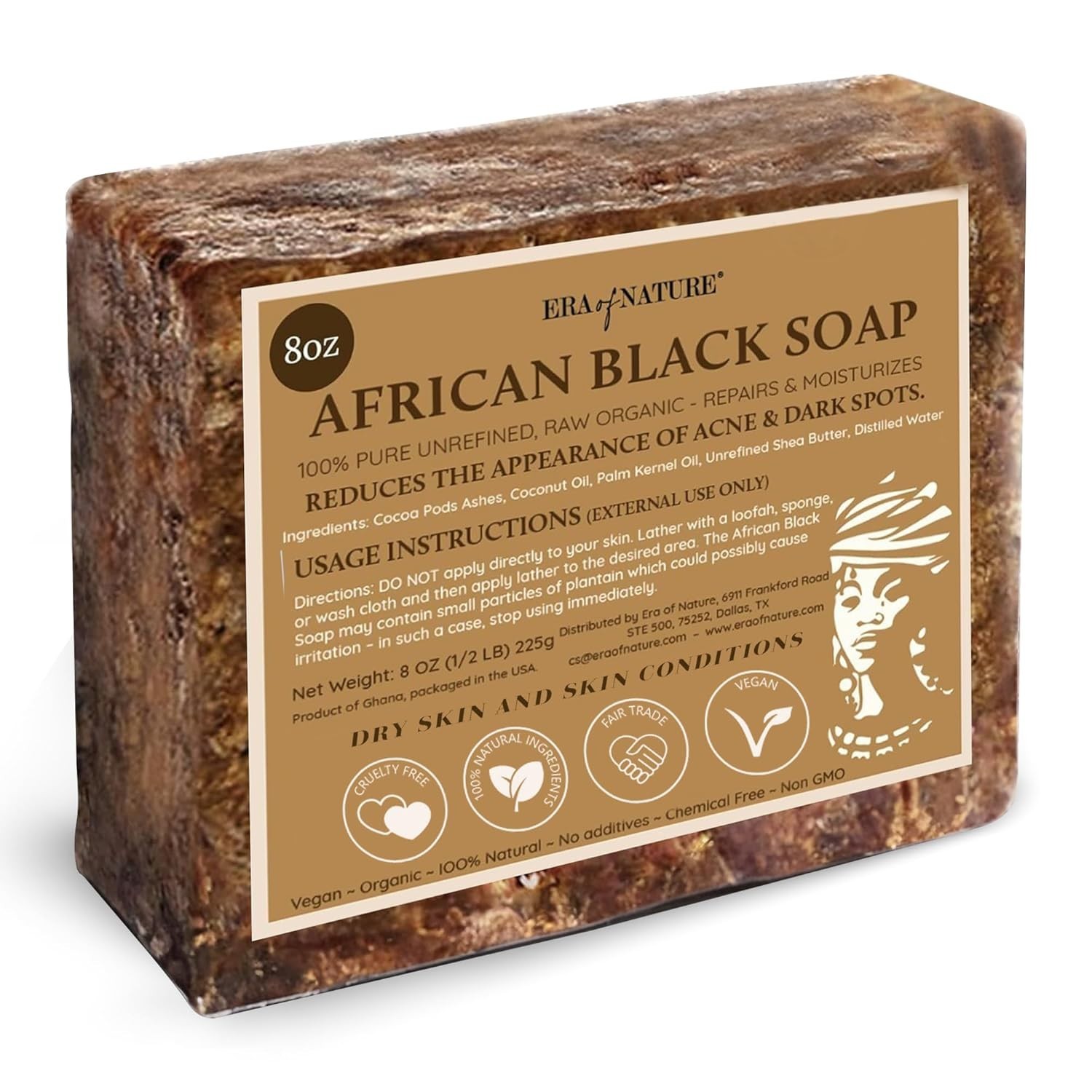 Era of Nature Raw Organic African Black Soap 8oz Natural Soap for Dry Skin
