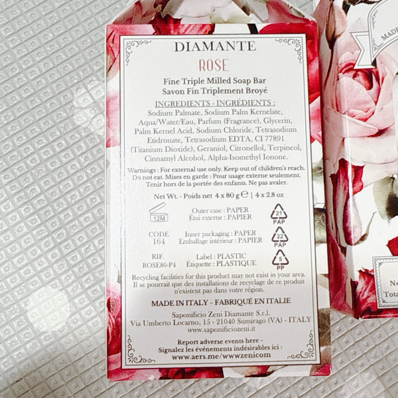 2X ZENI DIAMANTE -Set of 4 /Each -Triple Milled Bar Soaps ROSE Giftbox
