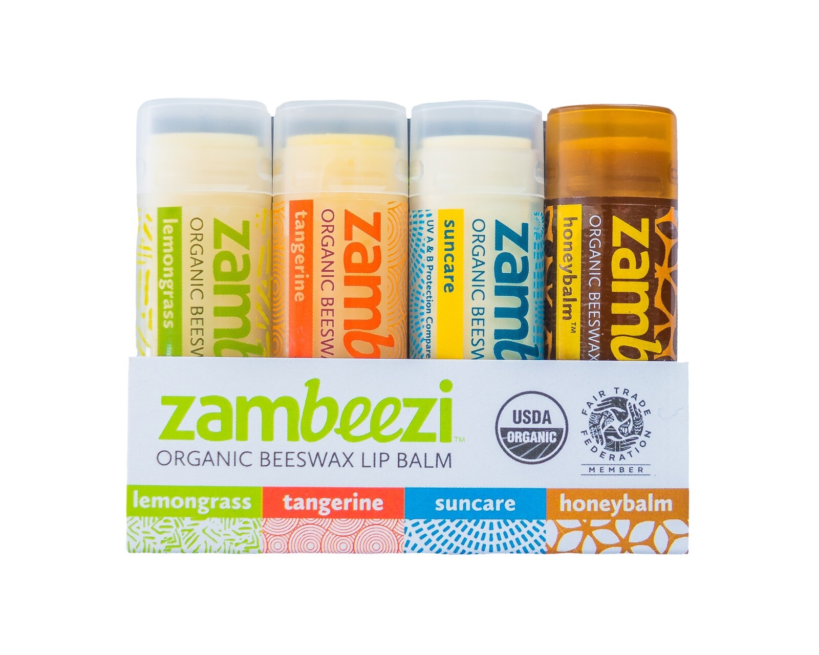4 pack Zambeezi Organic Fairtrade Beeswax Lip Balm from Zambia Africa Variety