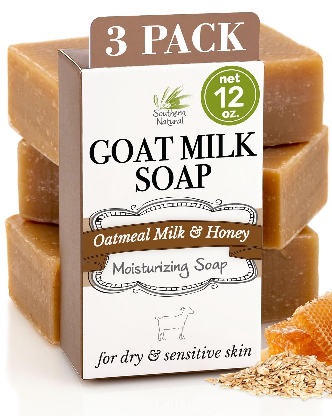 Goat Milk Soap Bar – Oatmeal Milk & Honey 3 Pack – For Dry Sensitive Skin. Na…