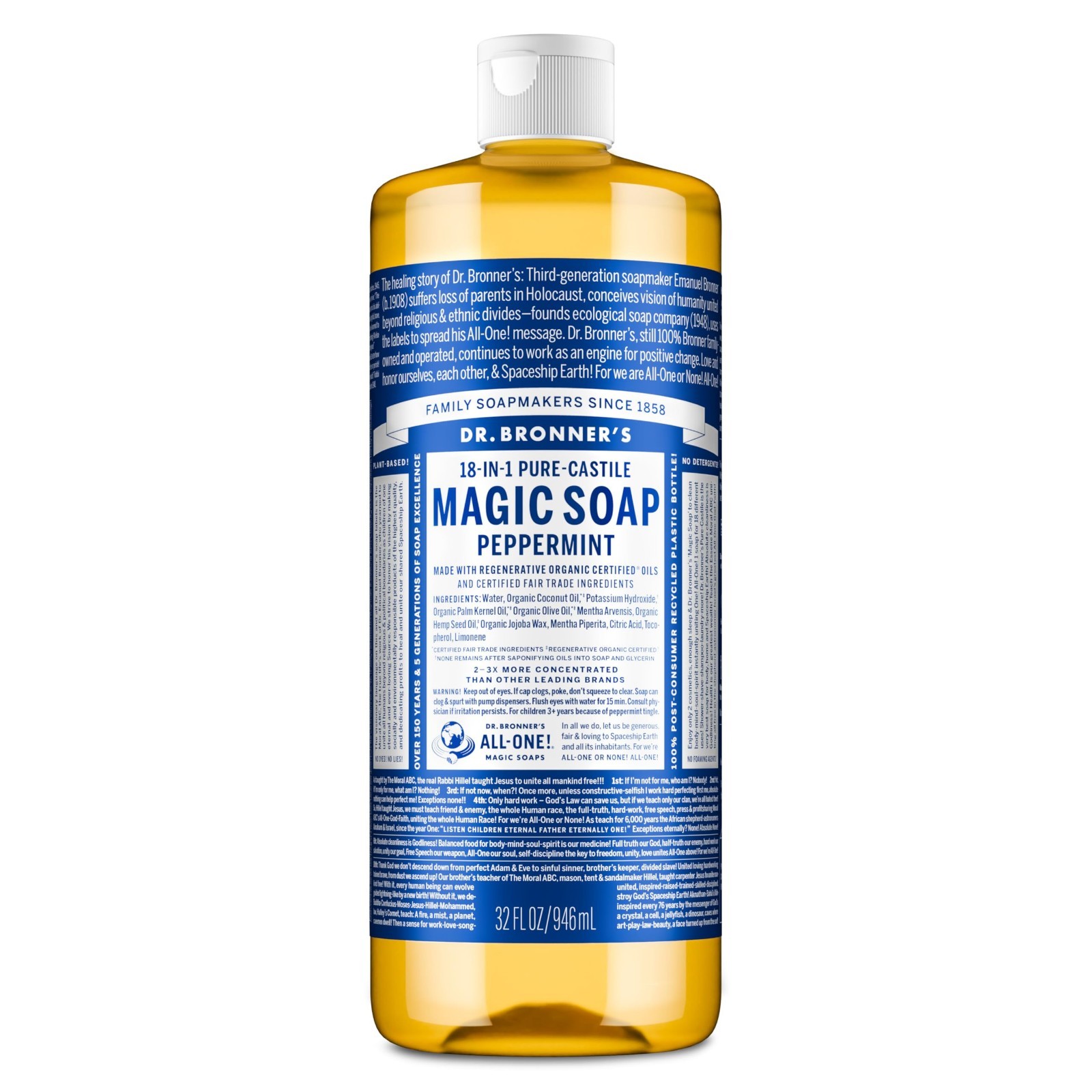 Pure-Castile Liquid Soap 32oz – 18-in-1 Uses, Vegan, Non-GMO, Peppermint Scent