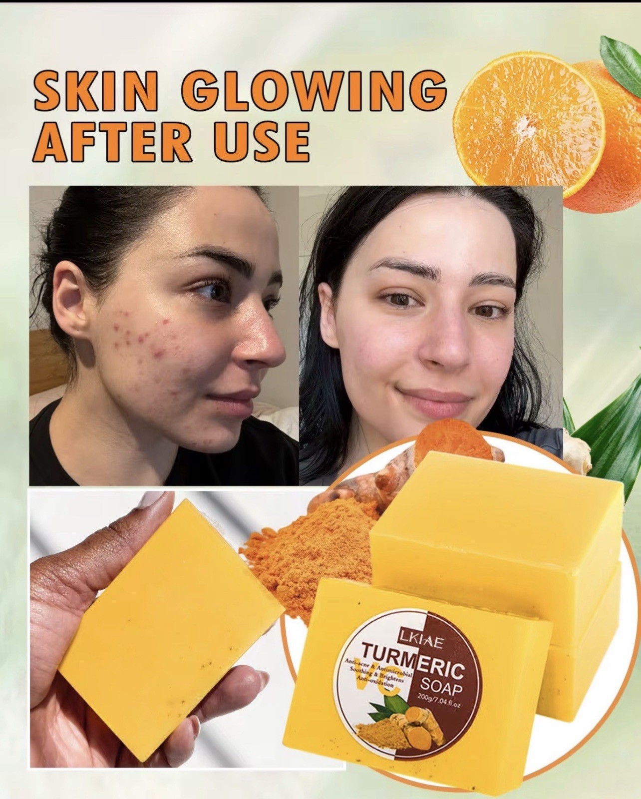 LKIAE VC Turmeric Soap Bar 200g Yellow Rectangular Deep Cleansing Anti-Acne