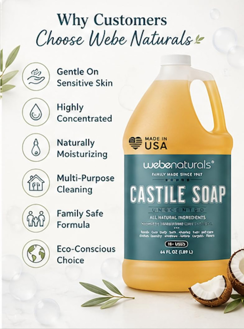Pure Unscented Castile Liquid Soap Refill, 64 Ounce | Vegan & Gluten Free Non-Gm