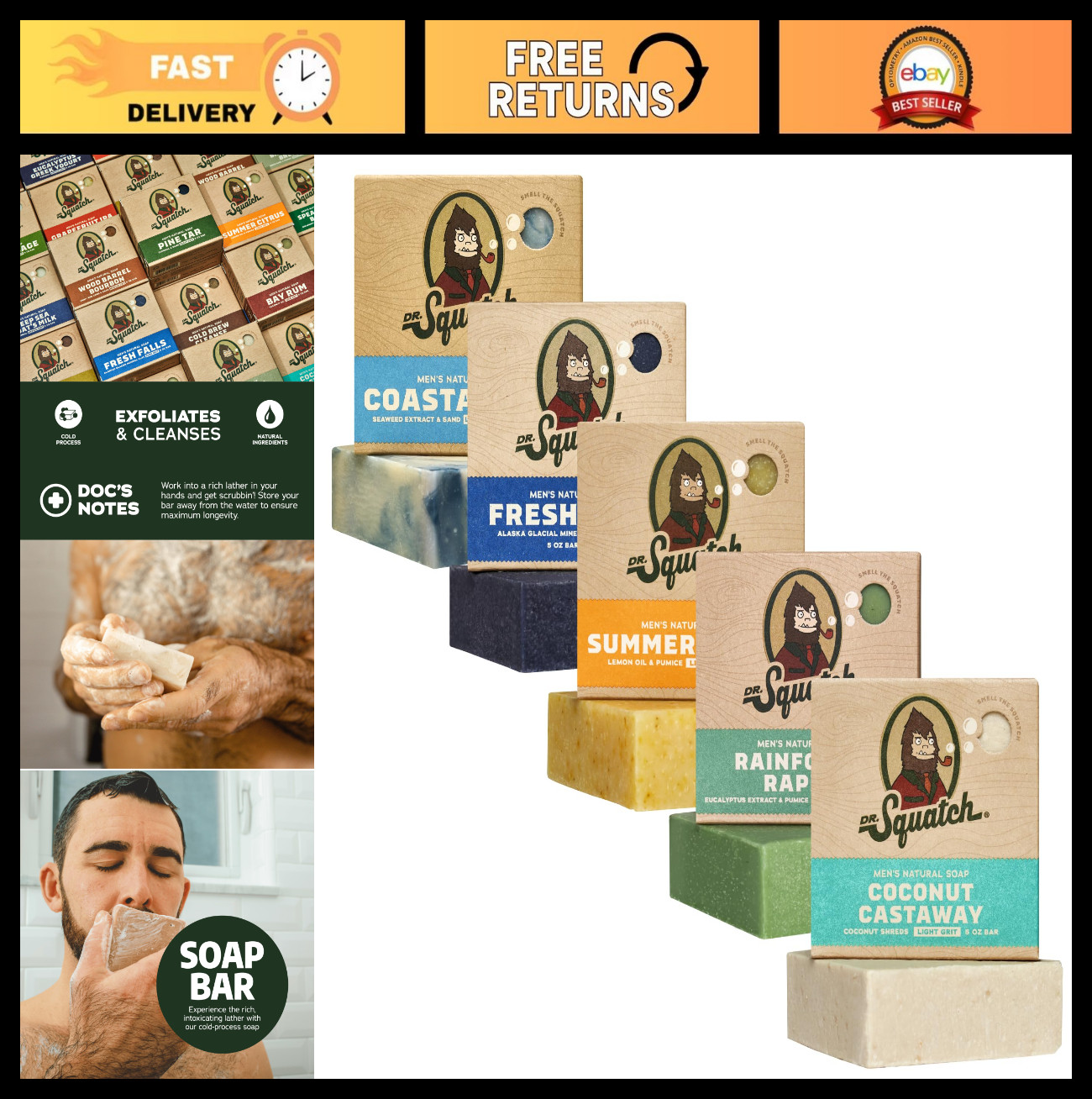 Natural Men’s Bar Soap – Cold Process Body Soap with Essential Oils – 5-Pack, Sc
