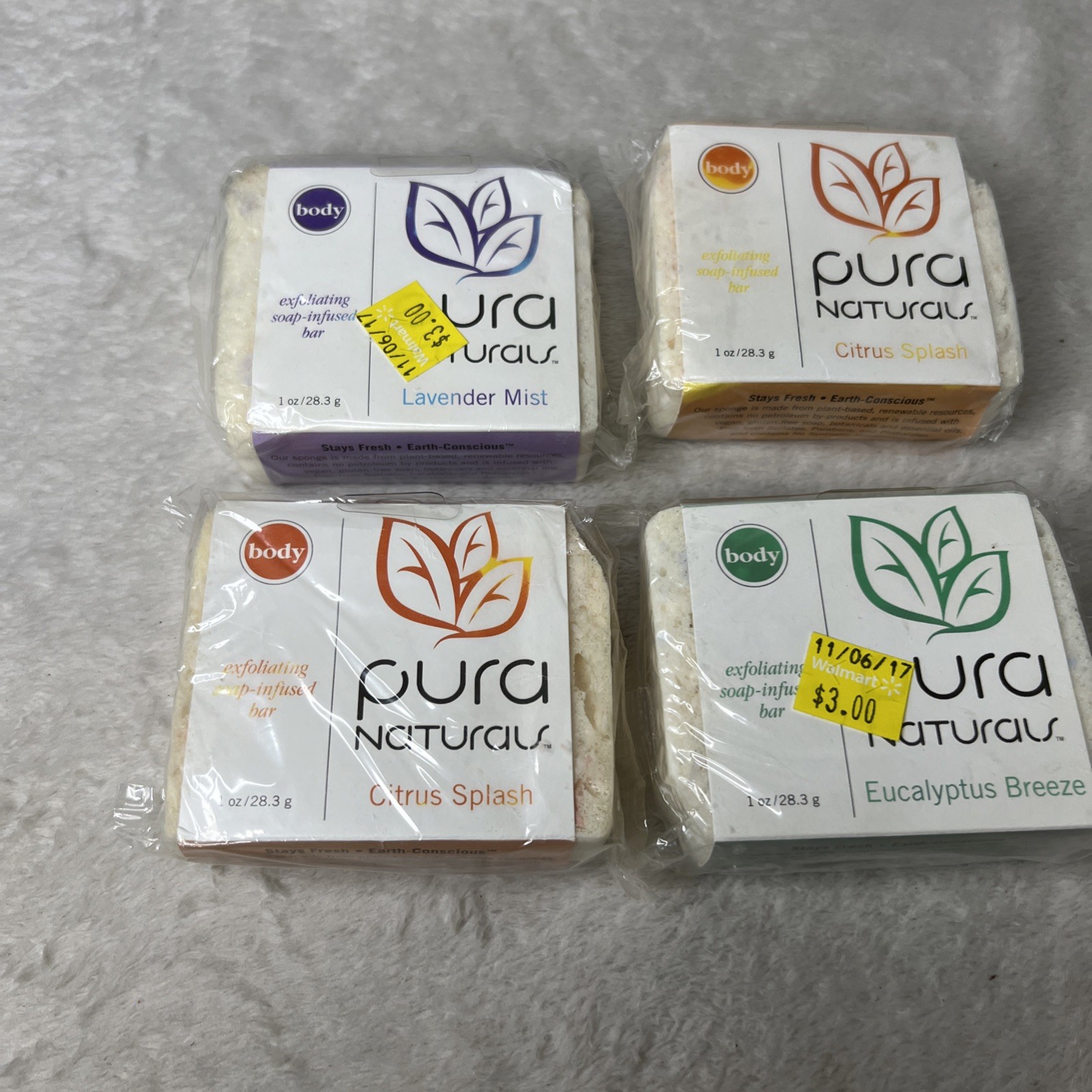 Lot 4 Pura Naturals Lavender Mist Soap-Infused Bar Citrus Splash Eucalyptus Bree