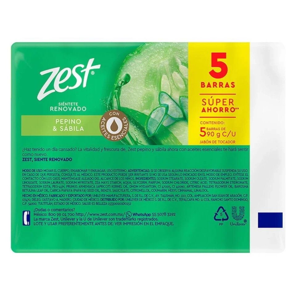 3 Packs ZEST PEPINO & SABILA (CUCUMBER AND ALOE) BAR SOAP 90 G PRODUCT OF MEXICO