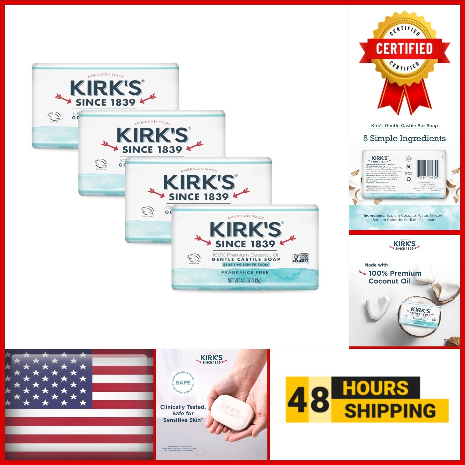 Kirk’s Castile Bar Soap | Fragrance-Free | Sensitive Skin | 4 Pack