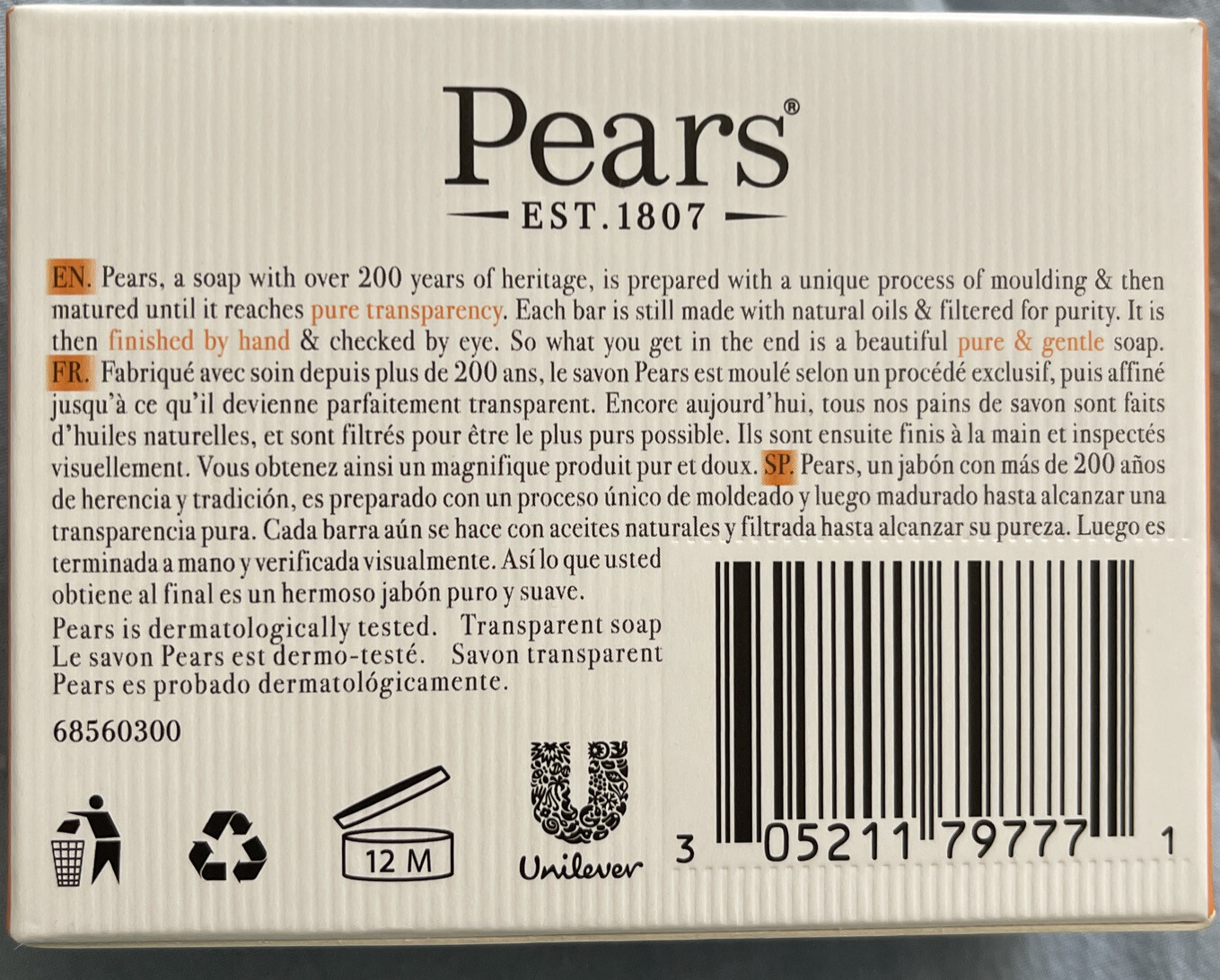 Pears Pure & Gentle Care Transparent Bar Soap Plant Oils Original Amber 3.5oz