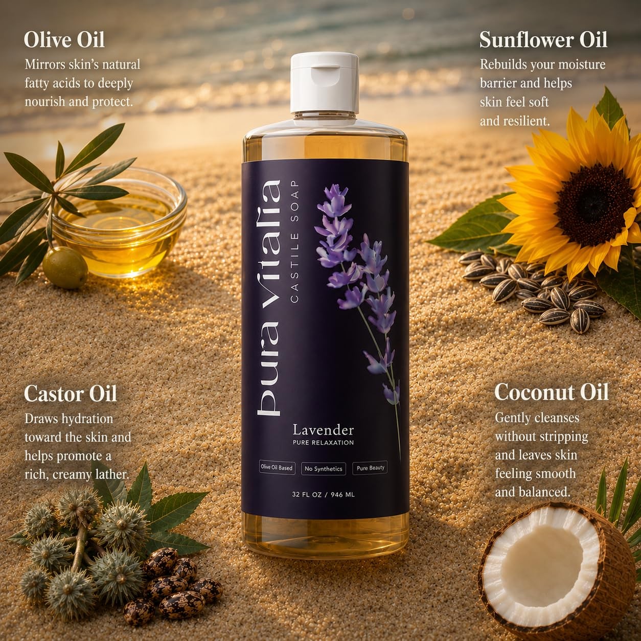 Pura Vitalia Lavender Organic Castile Soap Body Wash | 32 Fl Oz (Pack of 1)
