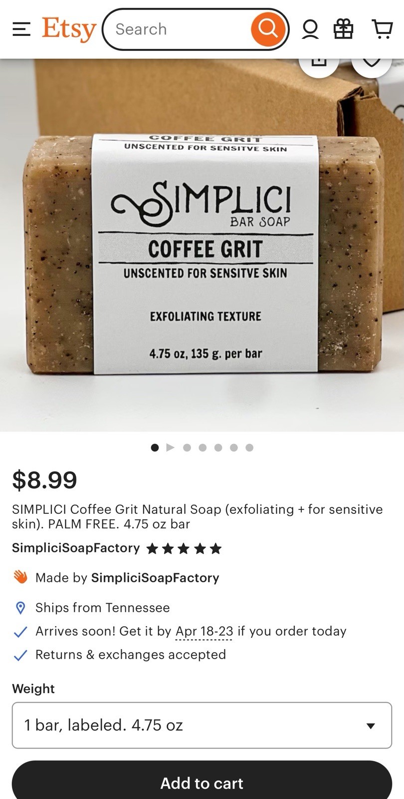 (2)Simplici Coffee Grit & Eucalyptus Thyme Bar Soap 4.50 oz (128g)X2 US made New