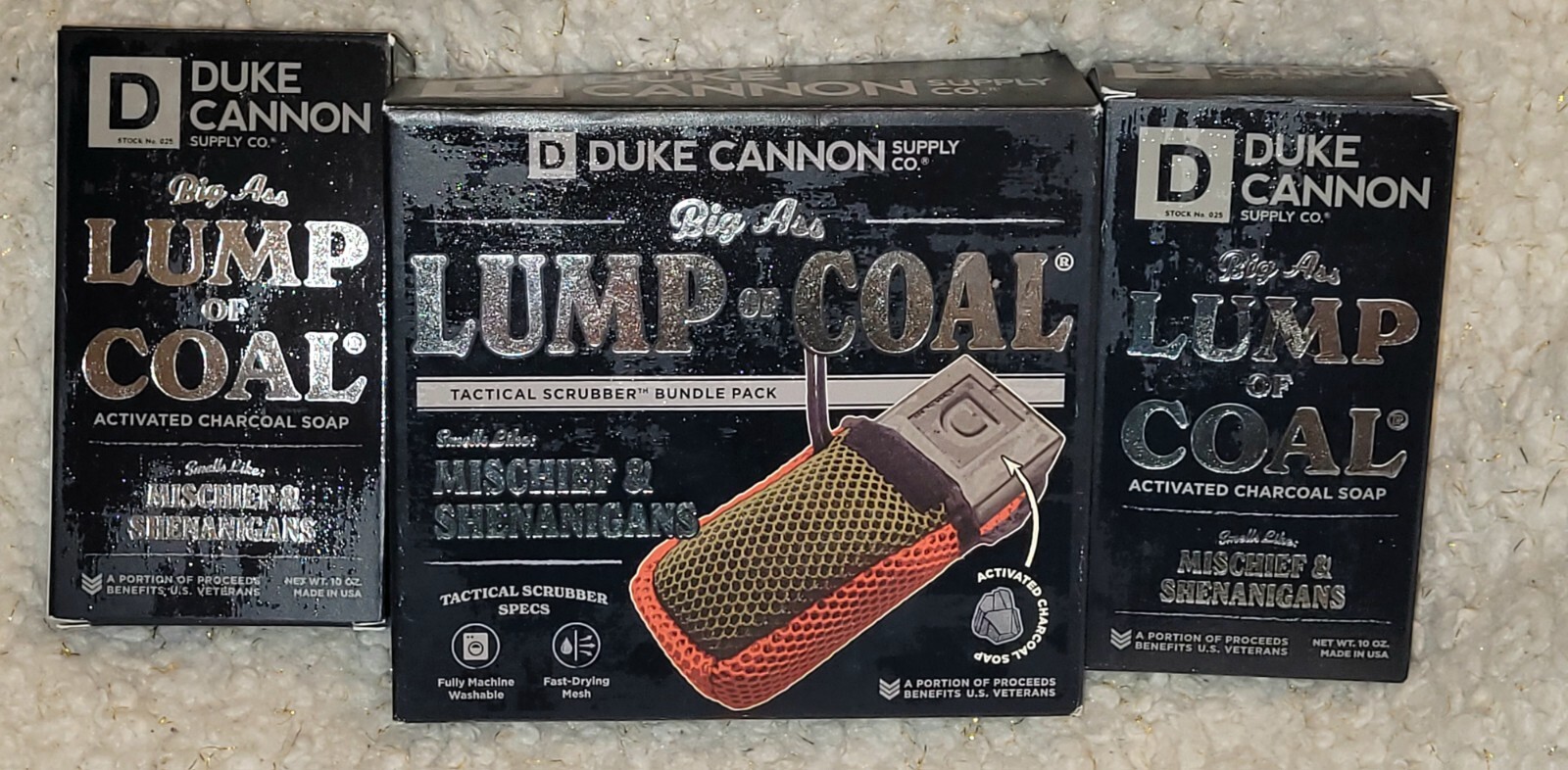 New DUKE CANNON Big Ass Lump Of Coal Charcoal Soap (3) W/ Tactical Scrubber