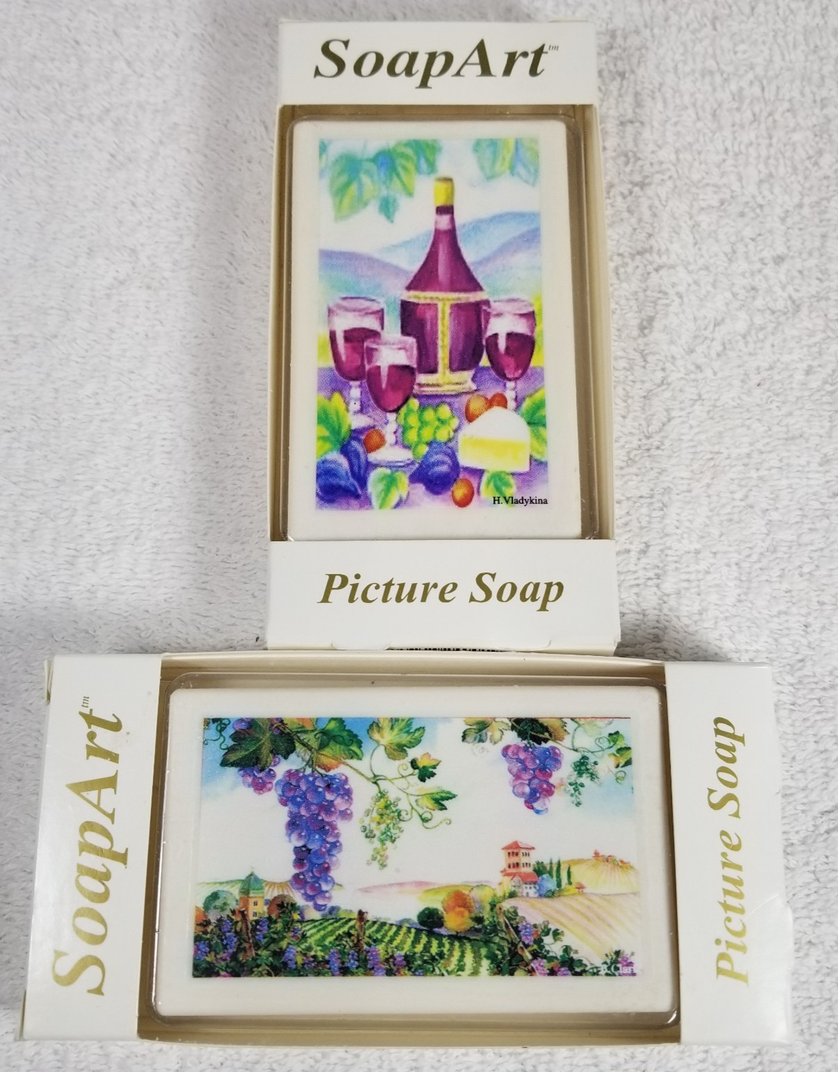VTG Soap Art Picture Soap Pair Wine & Vineyard 3 oz Design Does Not Wash Off NOS