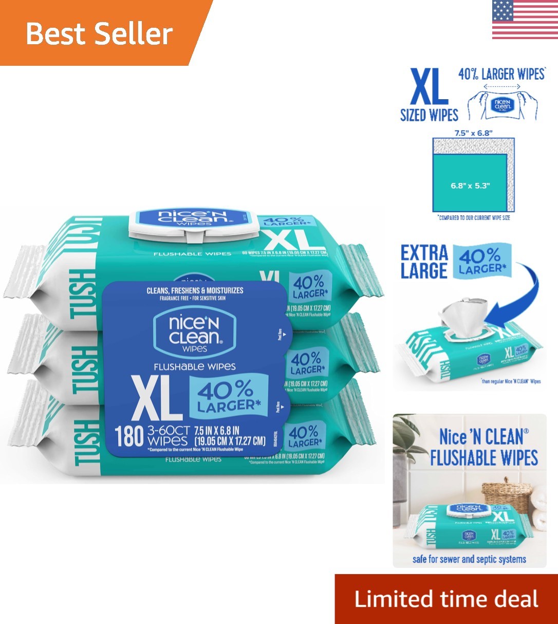 Extra Large Flushable Wipes – 40% Bigger, Unscented & Hypoallergenic 180 Count