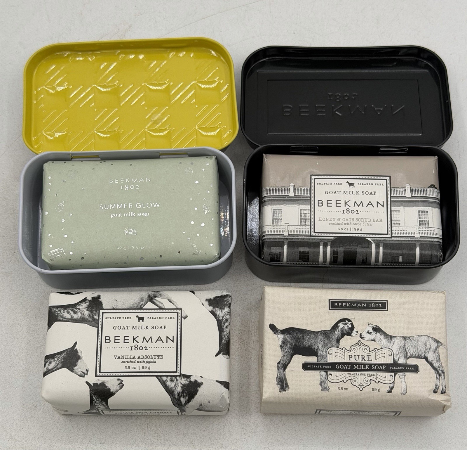 Beekman 1802 Lot of 4 3.5oz Bars of Soap, 2 Decorative Tins