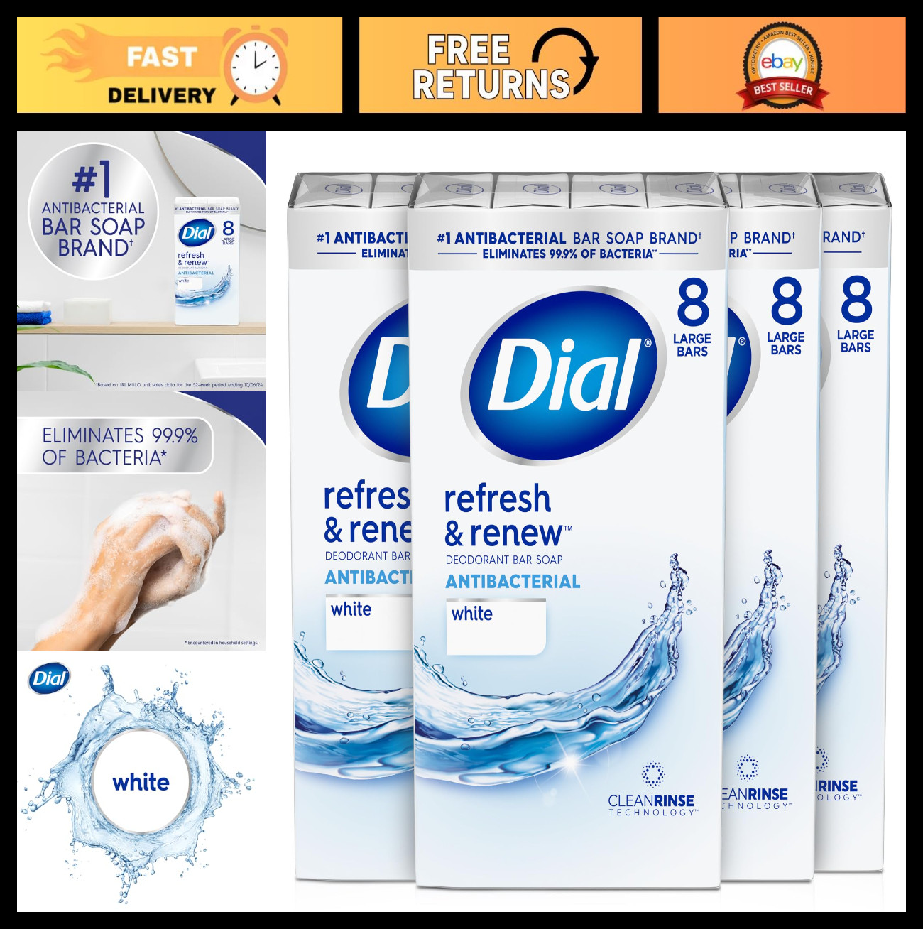 Antibacterial Bar Soap, Refresh & Renew, White, 4 oz – 32 Pack for Clean Skin