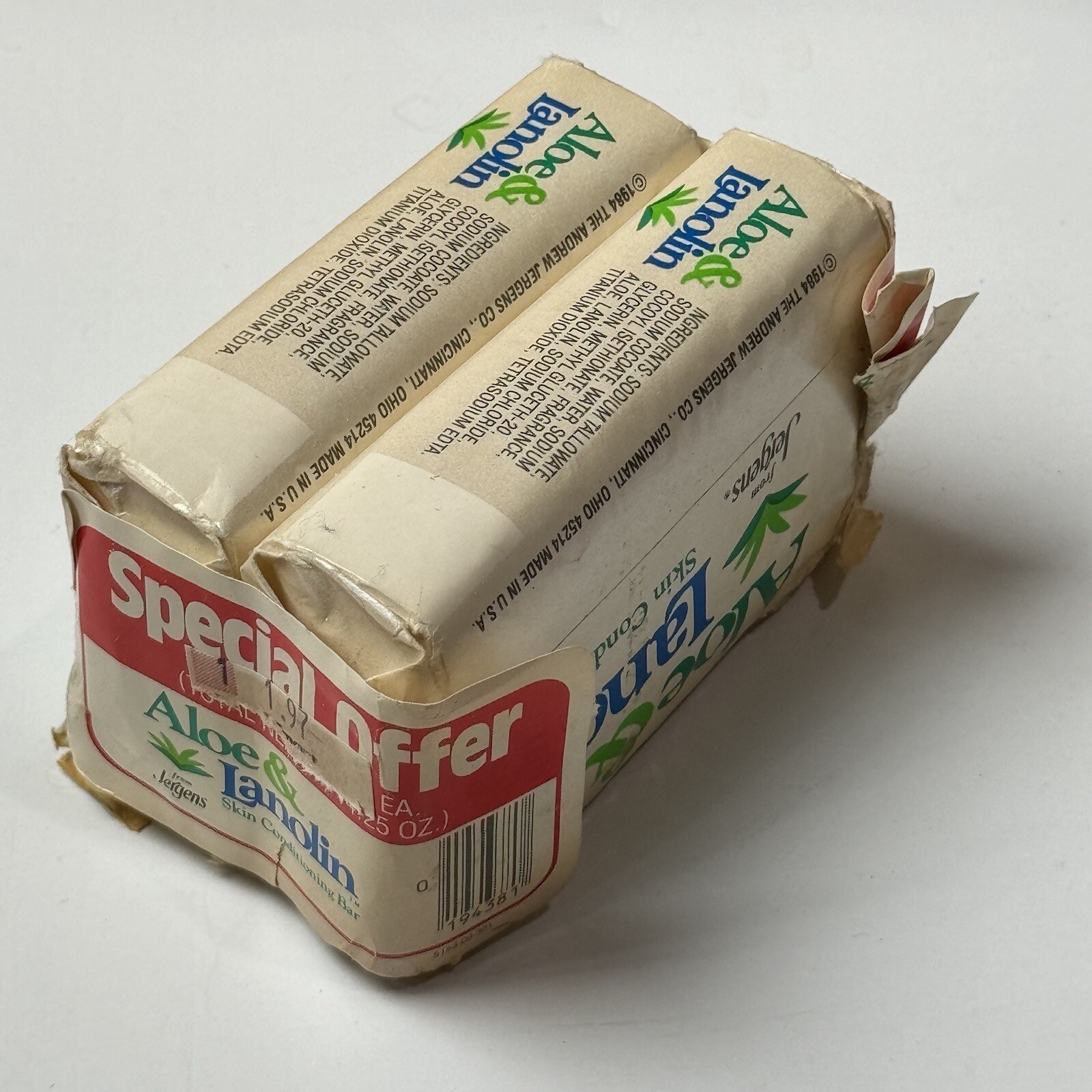Vintage 2X Jergens Aloe & Lanolin Bar Soap 4.75 oz Made In USA 1984