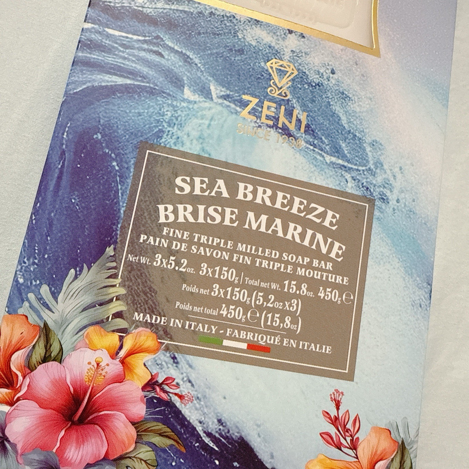ZENI FINE TRIPLE MILLED SOAP BAR (3 BARS )5.2 Oz EACH ITALY- SEA BREEZE