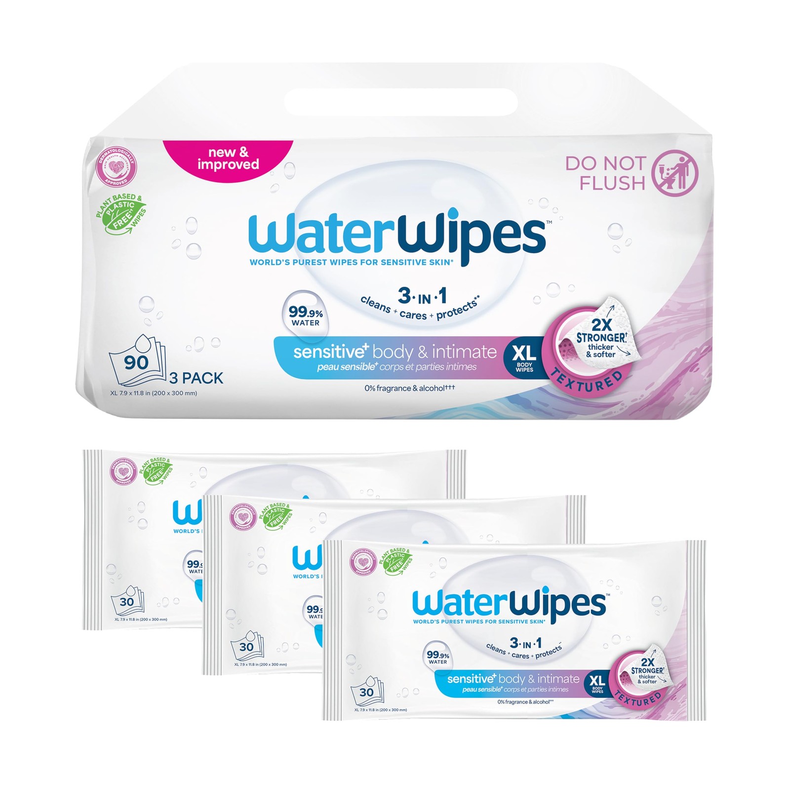 3 Pack WaterWipes for Adults 90 Sensitive XL Wipes 99.9% Water