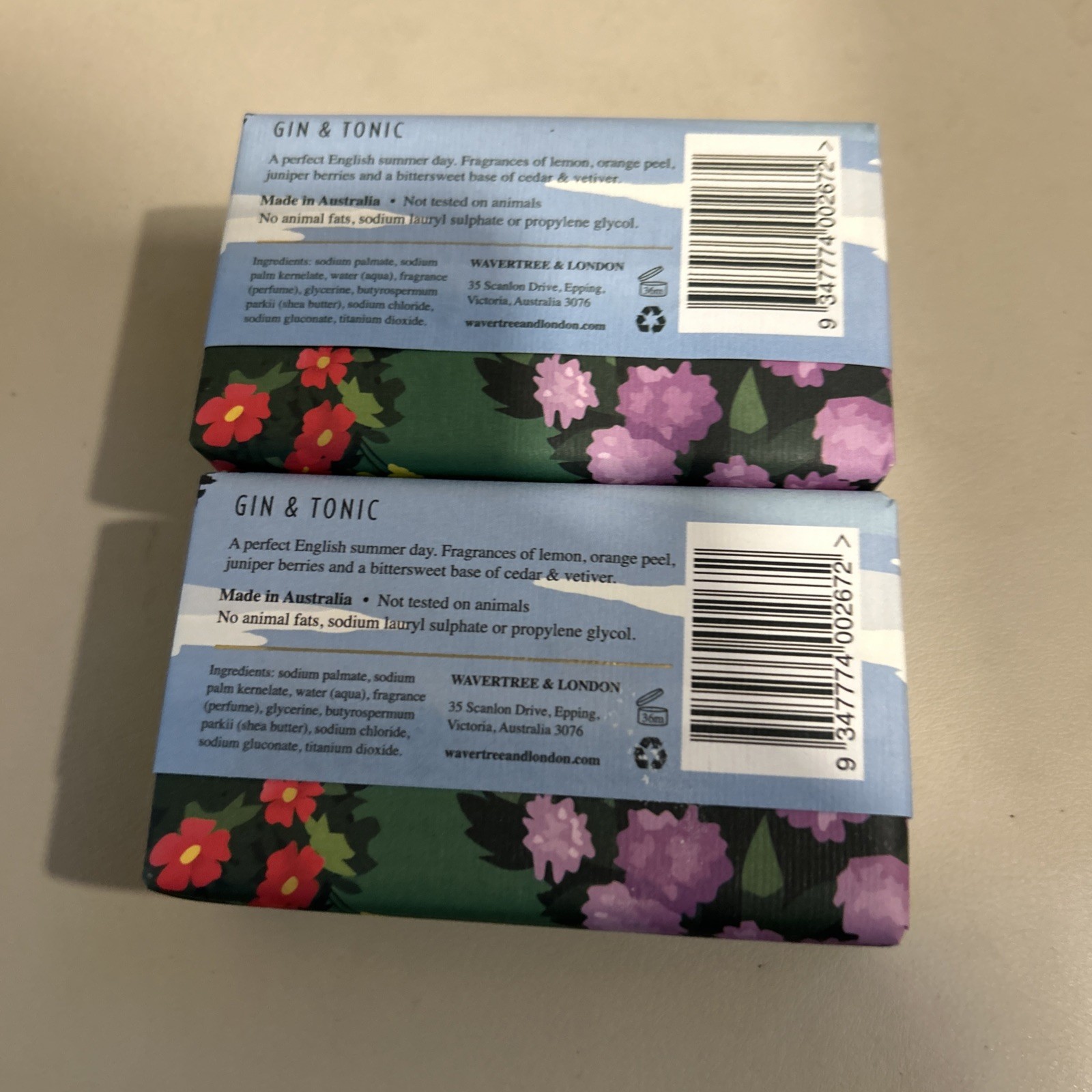 Wavertree & London Gin & Tonic Soap Bar 200 gr 2-Pack New