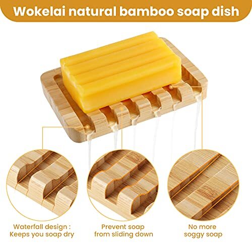2 Pack Natural Bamboo Soap Dish Holder Self-Draining for Bathroom Kitchen Sink