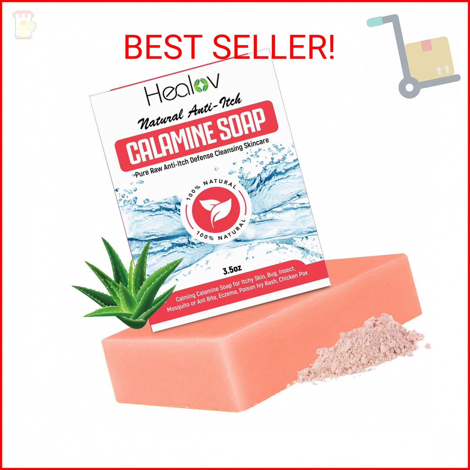 Healov Calamine Soap Bar – All Natural Instant Itch Relief – Calming Calamine So
