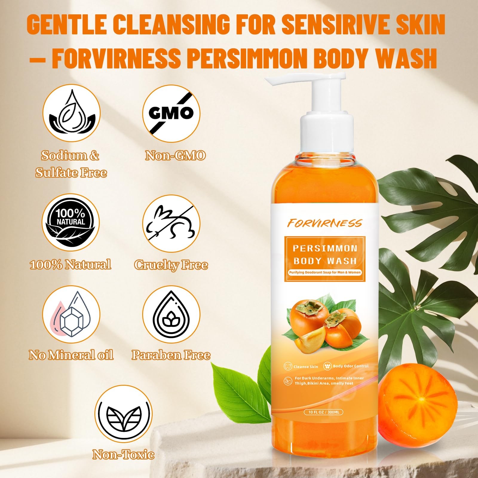 Natural Deodorant Body Wash Bar Soap for Strong Odor Persimmon 10oz Cleansing Us