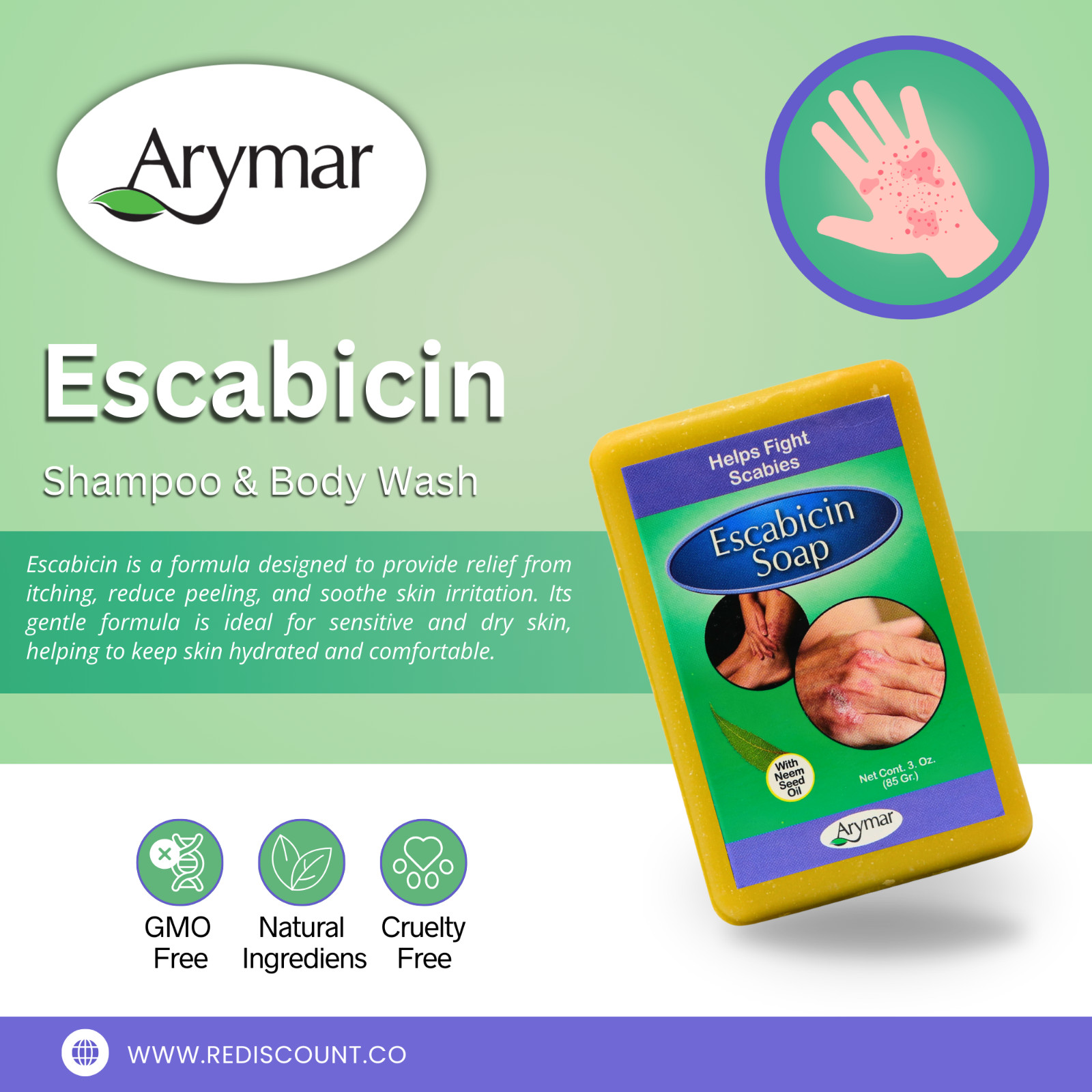 Arymar Escabicin Soap with Sulfur & Neem Oil for Scabies, 3 oz – Packs 1-25